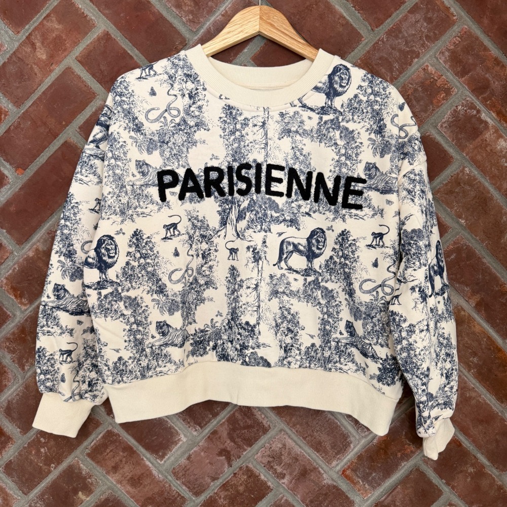 Ellandemm Parisienne Sweatshirt Womens S/M Cream Blue Toile Animal Snake Lion